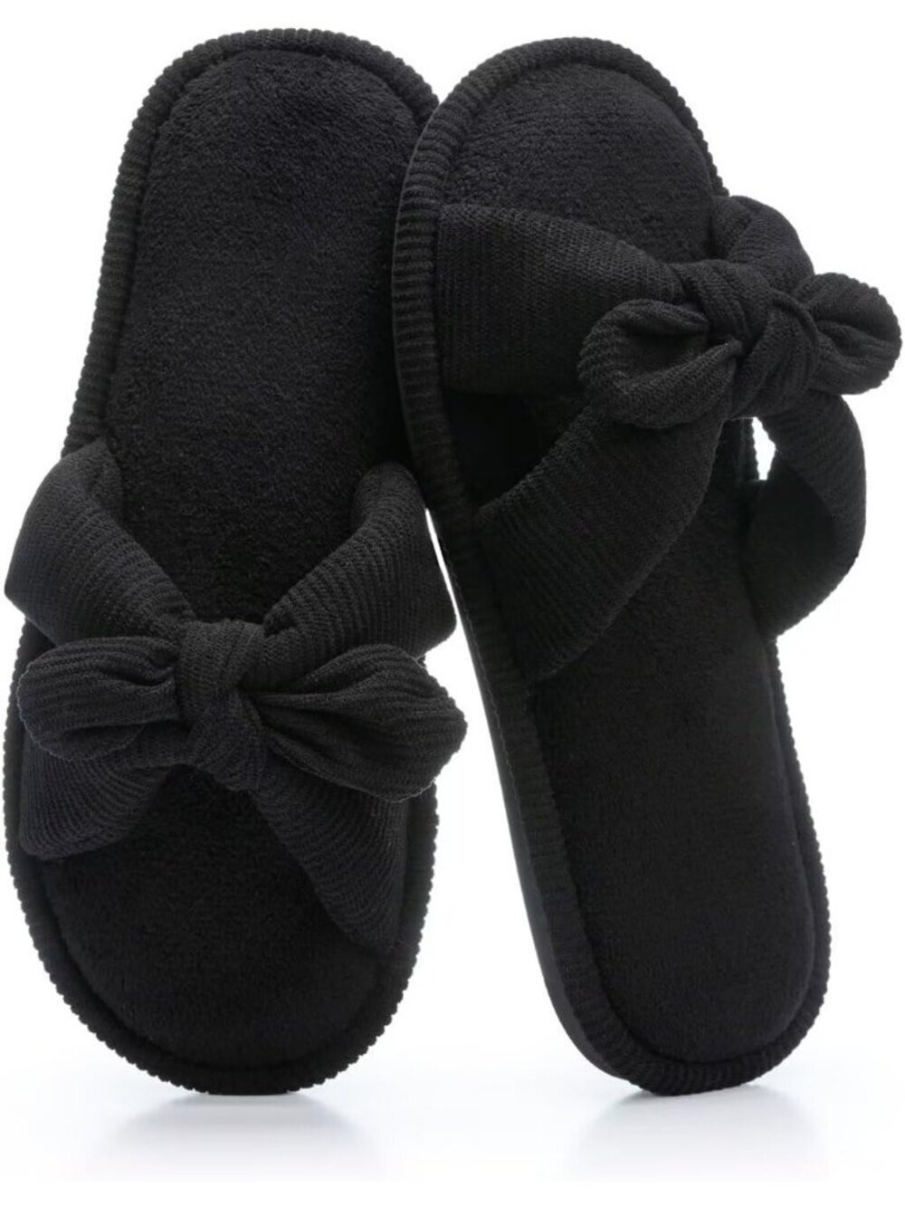 Women's Black Memory Foam Indoor Corduroy Crossband Open Toe Bow Slipper Shoes